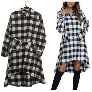 Plaid Black White V Neck Long Sleeve Irregular Hem Casual Shirt Dress